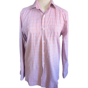 Size 15 32/33 Tattersall London orange blue plaid men's button down shirt #18b